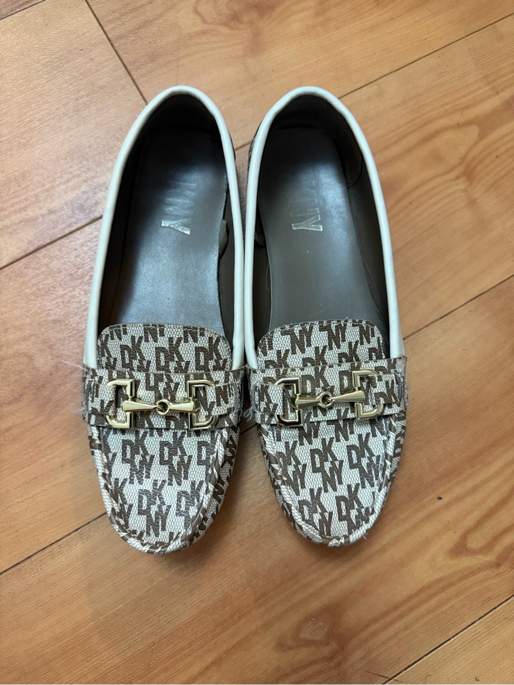DKNY Brown & White Logo Slip-On Loafers with Gold Hardware